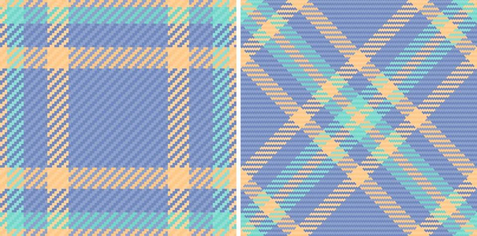 Pastel plaid textile patterns. Two seamless designs in soft blue, peach, and  Stock Illustration
