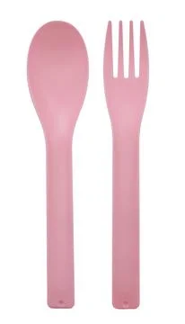Pastel plastic spoon and fork isolated on white background Foto stock