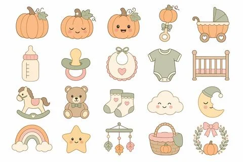 Pastel Pumpkin Patch Nursery and Baby Icon Set Vector Stock Illustration