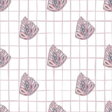 Pastel purple abstract monstera elements seamless doodle pattern. White chequ Stock Illustration