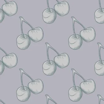 Pastel purple cherry seamless pattern. Outline berries on creative backdrop.  Illustrazione stock