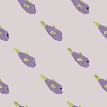 Pastel purple seamless pattern with hand drawn fish silhouettes. Aquarium ani Stock Illustration