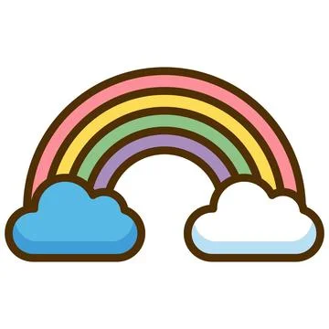 Pastel rainbow and clouds cute flat icon with thick outline. Stock Illustration