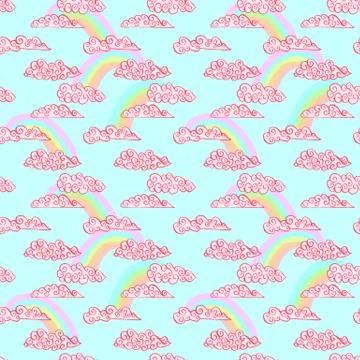 Pastel rainbow and pink grunge clouds. Seamless pattern. Vector illustration. Illustrazione stock