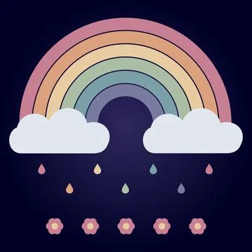 Pastel rainbow with raining drops and blooming flowers on navy background i.. Stock Illustration