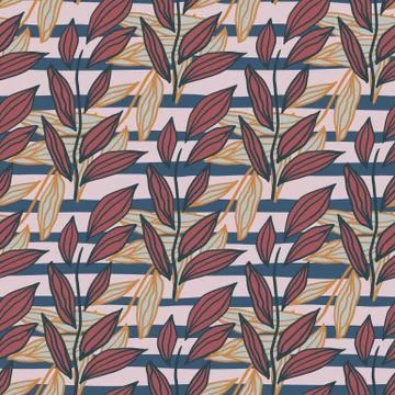 Pastel seamless doodle pattern with foliage outline shapes. Red and orange fl Stock Illustration