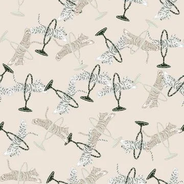 Pastel seamless doodle pattern with outline circus tiger shapes. Light backgr Illustrazione stock