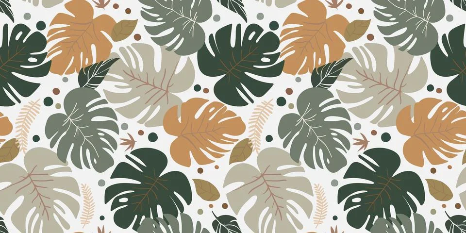 Pastel seamless monstera leaf pattern, natural delicate colors on white bac.. Stock Illustration
