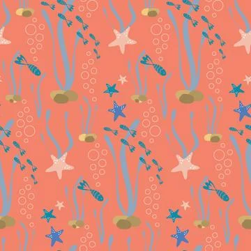 Pastel seamless pattern with fish and starfish for summer background in nuati Stock Illustration