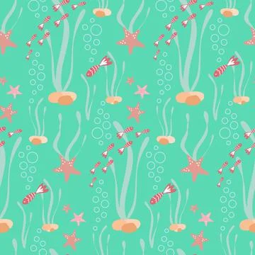 Pastel seamless pattern with fish and starfish for summer background green mi Stock Illustration