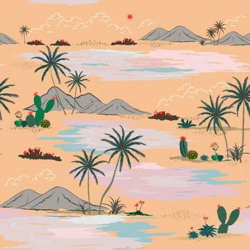 Pastel seamless pattern with hand drawn nature island,for decorative,fashion, Stock Illustration