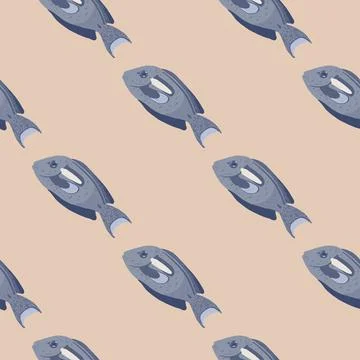 Pastel seamless pattern with pale blue colored surgeon fish shapes. Beige bac Stockillustratie