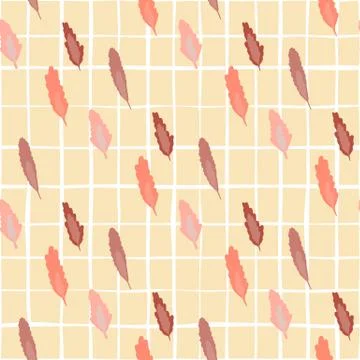 Pastel seamless pattern with tree leafs on pink chequered background. Brown,  Stock Illustration