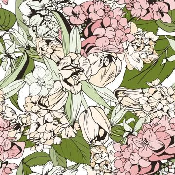 Pastel seamless pattern with tulips and hydrangeas Stock Illustration