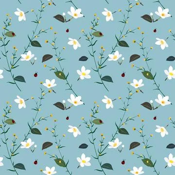 Pastel seamless pattern with wild flower on soft blue background Stock Illustration