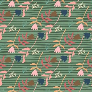 Pastel spring seamless pattern with tulip flowers. Stripped green background  Stock Illustration