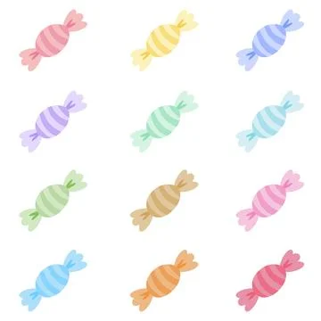 Pastel Striped Candy Vector Bundle, Cute Wrapped Sweets with Heart and Ruff.. Stock-Illustration