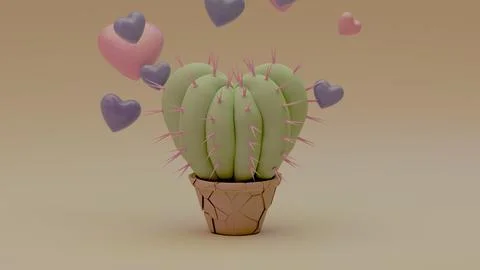 A pastel-toned representation of love with a heart-shaped cactus and scatte.. Stock Illustration