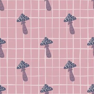 Pastel tones seamless doodle pattern with purple mushroom shapes. Lilac chequ Stock Illustration