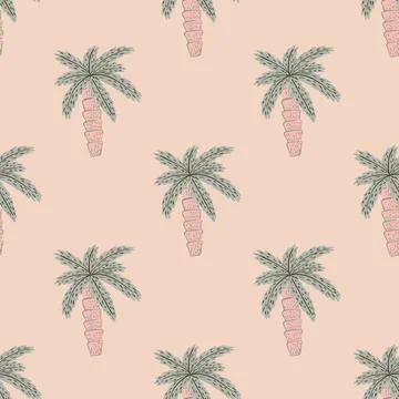 Pastel tones seamless doodle pattern with pale palm tree exotic shapes. Pink  Stock Illustration