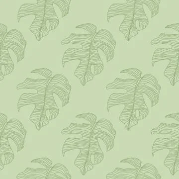 Pastel tones seamless nature pattern with doodle monstera green contoured sha Stock Illustration