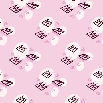 Pastel tones seamless pattern with black contoured crown and heart silhouette 库存插图