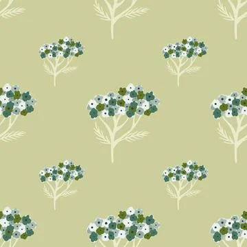 Pastel tones seamless pattern with blue colored yarrow elements. Green light  Illustrazione stock