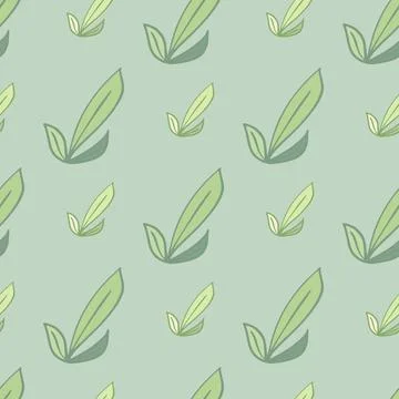 Pastel tones seamless pattern with green outline leaves elements. Blue backgr Stock Illustration