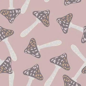 Pastel tones seamless pattern with hand drawn magic mushroom elements. Pink p Illustrazione stock