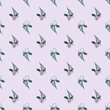 Pastel tones seamless pattern with little iris flower ornament. Light backgro Illustrazione stock