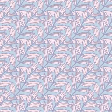 Pastel tones seamless pattern with outline leaves ornament. Pink foliage with Illustrazione stock
