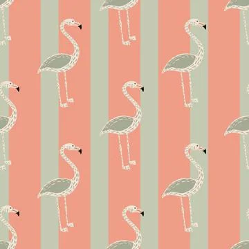 Pastel tones seamless pattern with simple grey colored flamingo ornament. Pin 스톡 일러스트