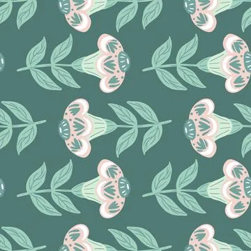 Pastel turquoise tones seamless pattern with hand drawn flowers elements. Blo Illustrazione stock