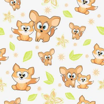 Pastel vector seamless drawing with a fox and green leaves Stock Illustration