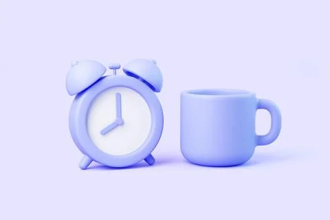 Pastel violet 3D alarm clock and mug on soft background イラスト素材