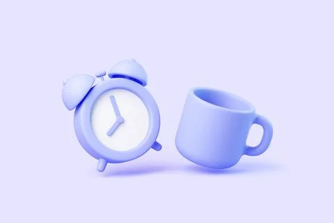 Pastel violet 3D alarm clock and tilted mug on soft background 스톡 일러스트