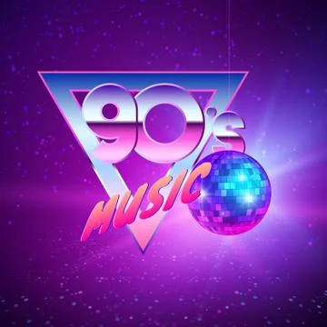 Paster template for disco party 90s. Neon colors and mirror ball on backgroun Stock Illustration