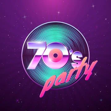 Paster template for retro disco party 70s. Vinyl record and neon colors eleme Stock Illustration