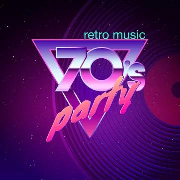 Paster template for retro disco party 70s. Neon colors and vinyl record on ba Stock Illustration