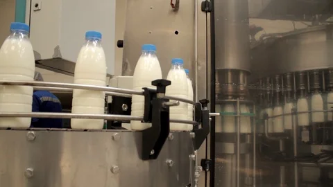 Pasteurized milk in plastic bottles on conveyor at dairy production plant Stock Footage 104287880