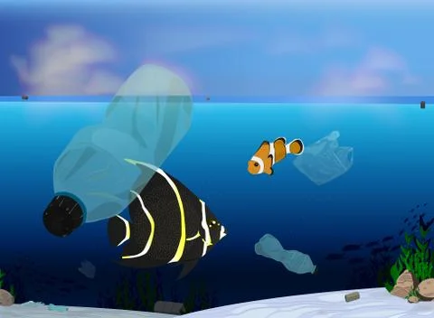 Pastic bottles in the ocean vector icon on a blue background. Environment Stock Illustration