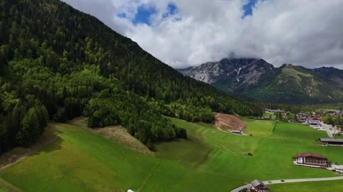 Pastoral Green Valley Meadow Bordered by Dense Alpine Woods Stock Footage 342783933