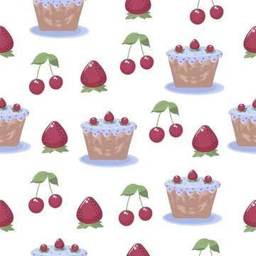 Pastries and berries, seamless pattern Stock Illustration