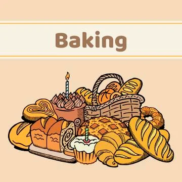 Pastries bakery vector poster. Bread, cakes,cookies, pastry and baked goods Stock Illustration