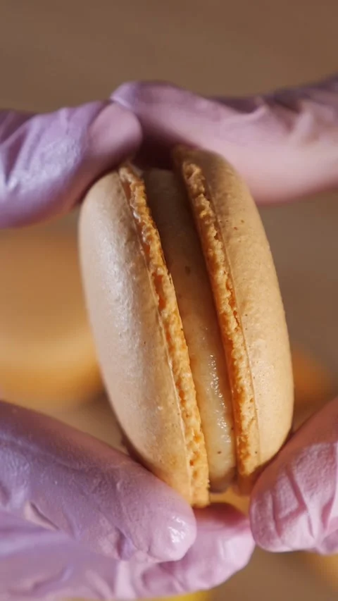 Pastry chef assembling caramel macaron dessert Stock Footage 341446688