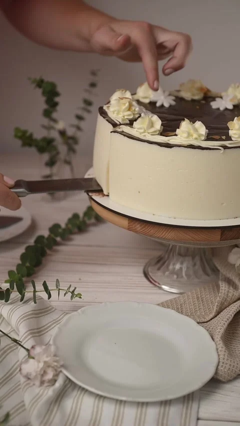 Pastry chef cut piece of cake and serving on plate. Sweets without sugar Stock Footage 247988026