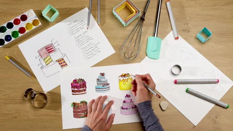The pastry chef develops a cake design by drawing on paper.  Stock Footage 253318538