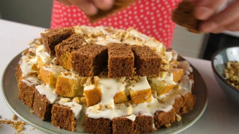 Pastry chef hands cooking arranging small chocolate vanilla biscuit cake cubes. Stock Footage 311538289