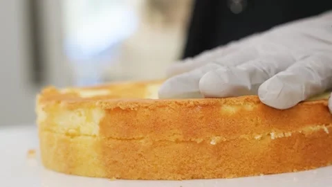 Pastry Chef Levelling Sponge Cake with Adjustable Wire Slicer, Close Up Stock Footage 343020560