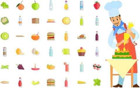 Pastry chef making cream cake, products icons. Chef works with kitchen equipment Illustration